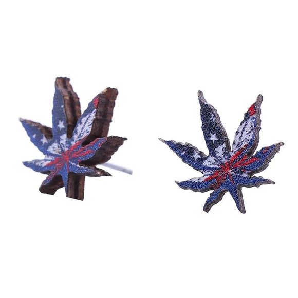 🇺🇸5/8" Wood Patriotic Pot Leaf Earrings American Flag 42 - Picture 2 of 5